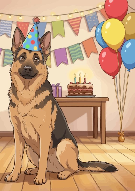 Verjaardag met hond, taart en ballonnen