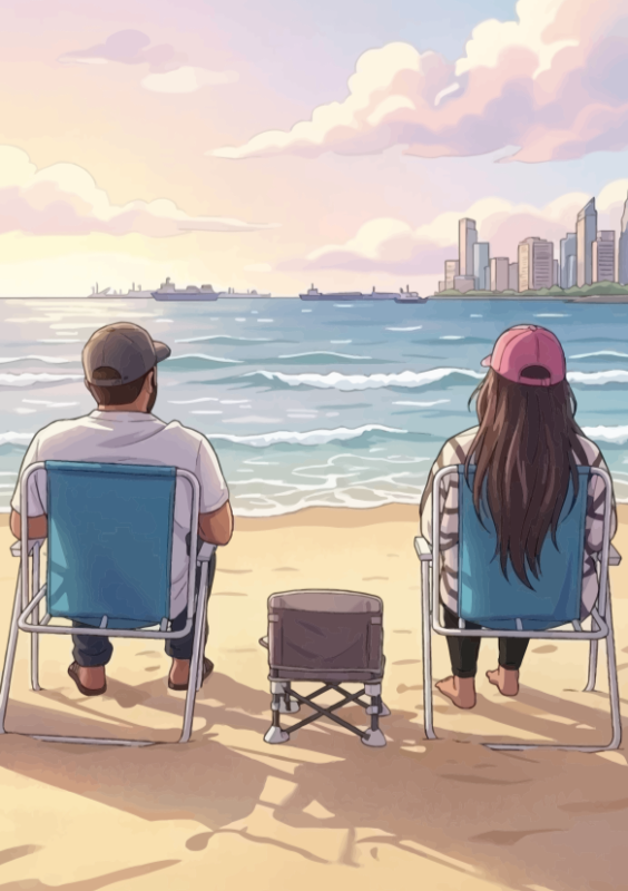 Vakantie man & vrouw op strand met uitzicht