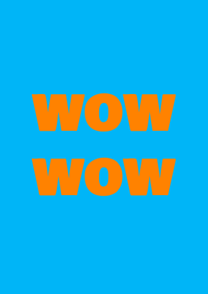 Wow wow tekst in blauw en oranje