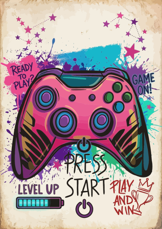 Gaming press start met controller en coole graffiti