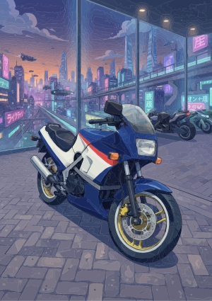 Blauwe motor in futuristische stad