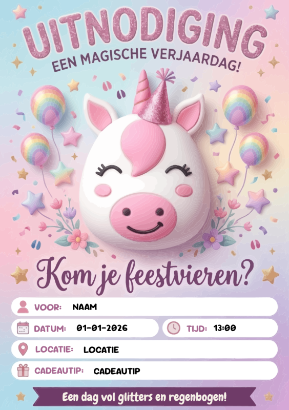Uitnodiging voor kinderfeestje met magische eenhoorn thema