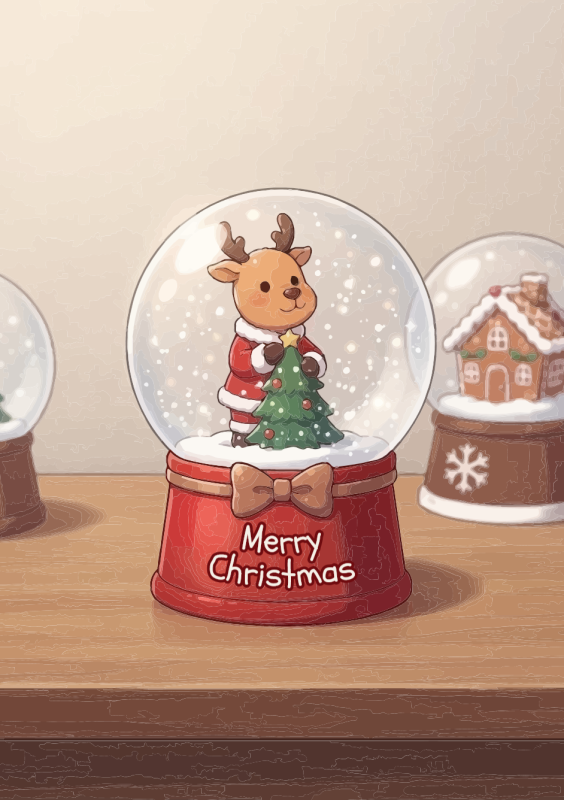 Sneeuwbol kerstkaart met sneeuwman hert en merry christmas tekst