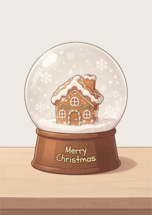 Sneeuwbol kerstkaart met huis en merry christmas tekst