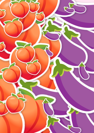 Emoji kaart perziken links en aubergines rechts